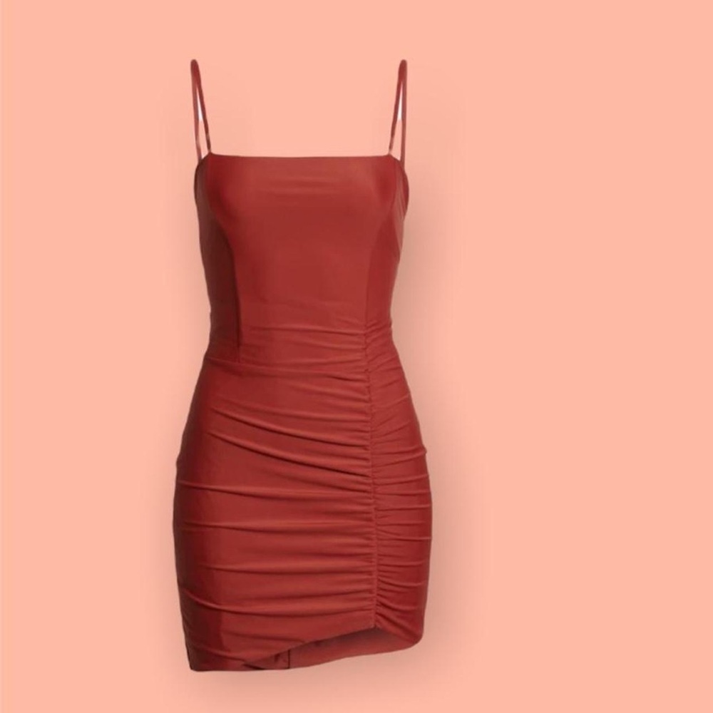 Tiger Mist Annika Lace-Up Open Back Ruched Dress in Color Rust